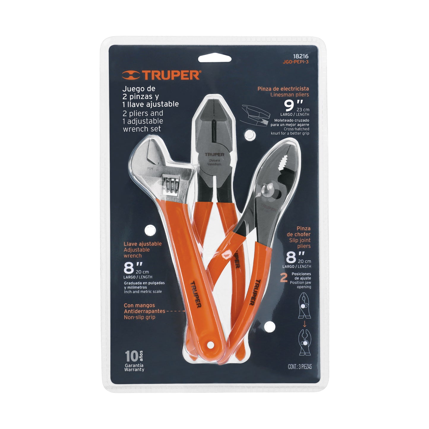 Juego Truper con 2 pinzas y 1 llave ajustable mango de PVC